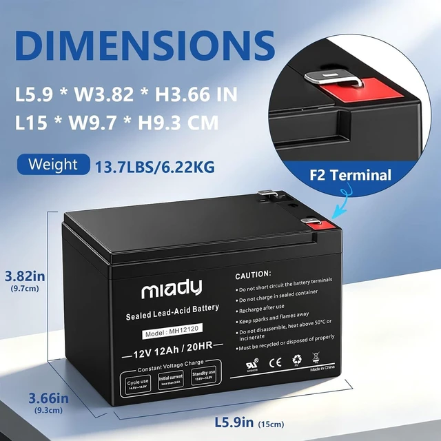 Alt view image 2 of 7 - Miady 12V 12Ah Rechargeable Sealed Lead Acid Battery (2 Packs)