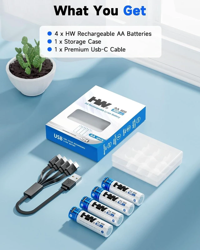 Alt view image 7 of 7 - HW Rechargeable AA Lithium Batteries 4-Pack, 1.5V 3600mWh USB-C