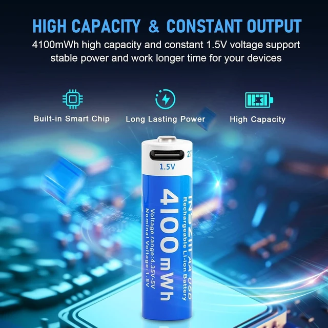 Alt view image 2 of 7 - 4100mWh Rechargeable Lithium AA Batteries 4 Pack, 1.5V USB Double A Lithium-ion Batteries AA Size, Long Lasting 1200 Cycles, High Capacity Battery for Toys, Flashlight, Smart Door Lock