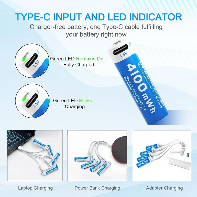 Alt view image 5 of 7 - 4100mWh Rechargeable Lithium AA Batteries 4 Pack, 1.5V USB Double A Lithium-ion Batteries AA Size, Long Lasting 1200 Cycles, High Capacity Battery for Toys, Flashlight, Smart Door Lock