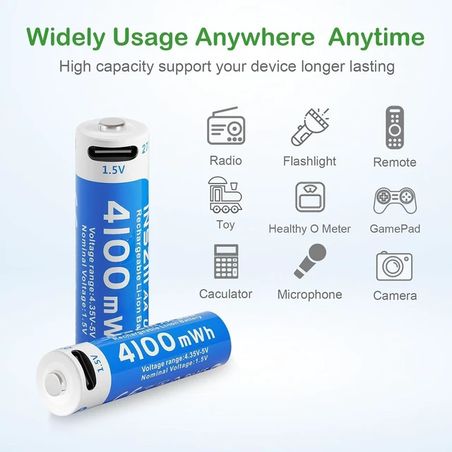 Alt view image 7 of 7 - 4100mWh Rechargeable Lithium AA Batteries 4 Pack, 1.5V USB Double A Lithium-ion Batteries AA Size, Long Lasting 1200 Cycles, High Capacity Battery for Toys, Flashlight, Smart Door Lock