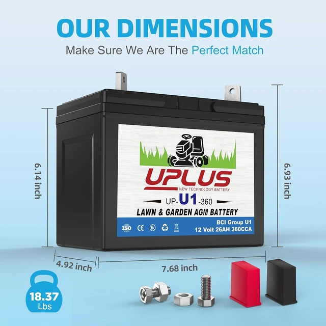 Alt view image 2 of 7 - UPLUS U1 Riding Lawn Mower Battery, 12V 360CCA for Garden Tractors