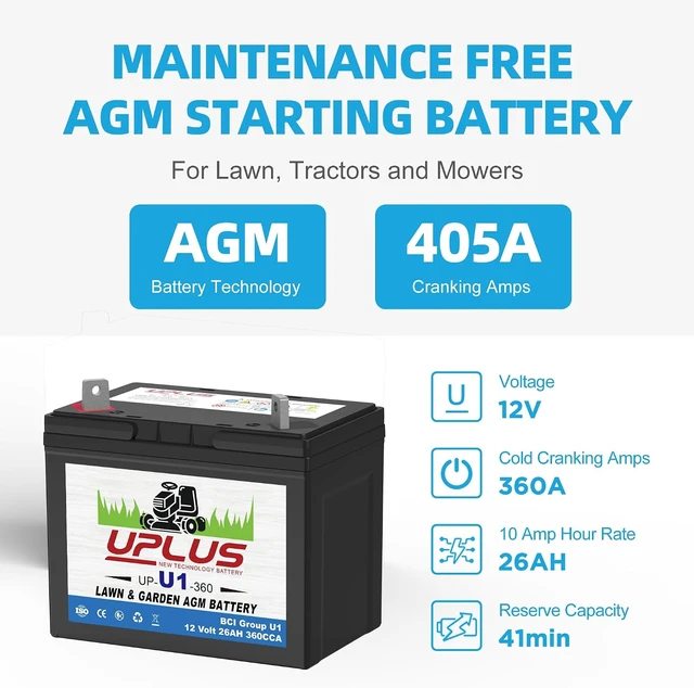 Alt view image 4 of 7 - UPLUS U1 Riding Lawn Mower Battery, 12V 360CCA for Garden Tractors