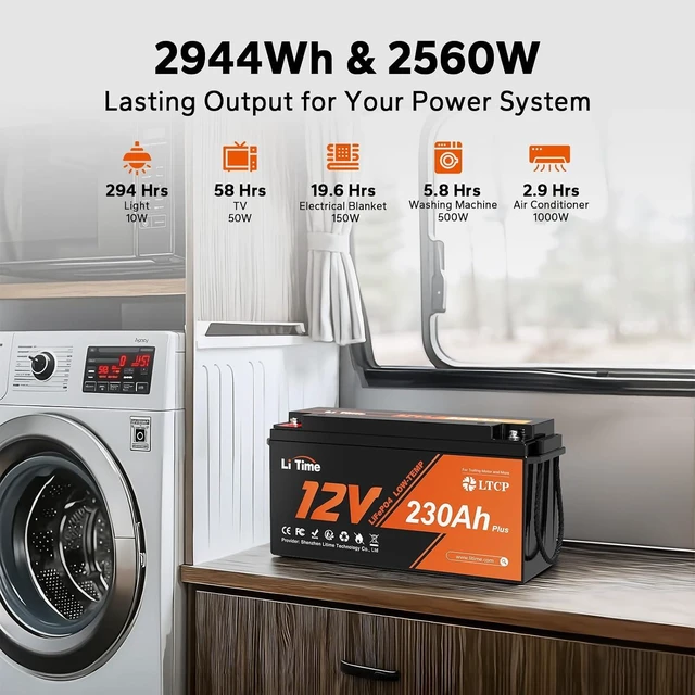 Alt view image 3 of 6 - Litime 12V 230Ah Plus Lithium LiFePO4 RV Battery, 4000+ Deep Cycles Battery, 200A BMS, 2944Wh Energy, Perfect for Camper, Solar, Off-Grid,Van, Marine etc.