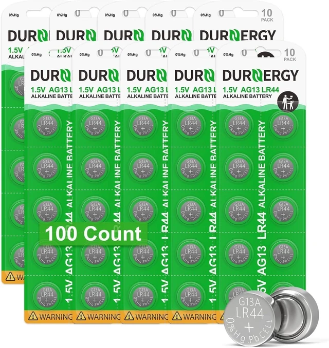 Main image of DURNERGY LR44 Batteries 100 Pack, AG13 L1154F 357 303 SR44 A76, Premium Alkaline Battery 1.5V Button Coin Cell Batteries
