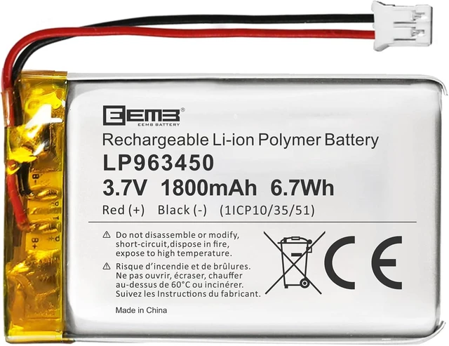 Main image of EEMB 3.7V 963450 1800mAh Lipo Battery Rechargeable JST 2.0mm, 1-Pack