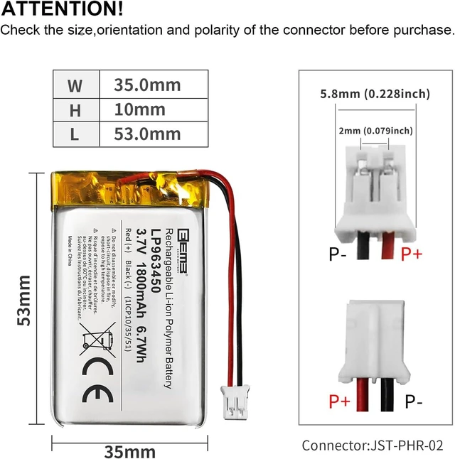 Alt view image 3 of 7 - EEMB 3.7V 963450 1800mAh Lipo Battery Rechargeable JST 2.0mm, 1-Pack