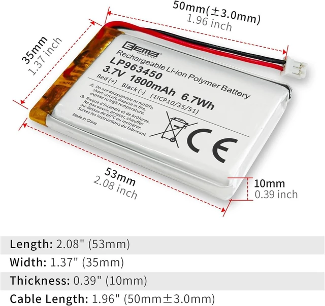 Alt view image 5 of 7 - EEMB 3.7V 963450 1800mAh Lipo Battery Rechargeable JST 2.0mm, 1-Pack