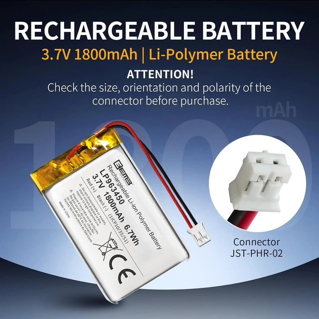 Alt view image 7 of 7 - EEMB 3.7V 963450 1800mAh Lipo Battery Rechargeable JST 2.0mm, 1-Pack