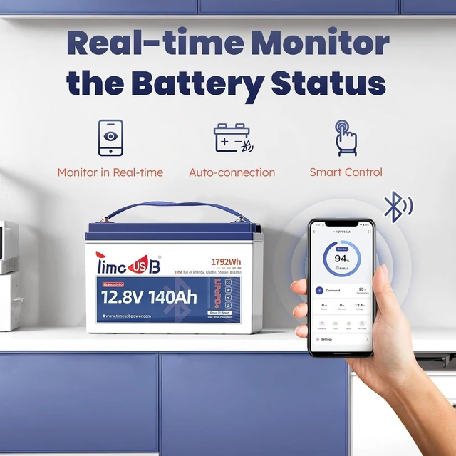 Alt view image 2 of 7 - Timeusb 12V 140Ah Bluetooth 5.0 LiFePO4 Lithium Battery for Marine, RV