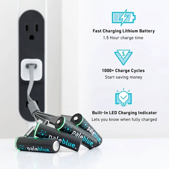 Alt view image 2 of 5 - USB Rechargeable AA Batteries by Pale Blue, Lithium Ion 1.5v 1700 mAh, Charges Under 1 Hours, Over 1000 Cycles, 4-in-1 USB-A to USB-C Charging Cable, LED Charge Indicator, 4-Pack