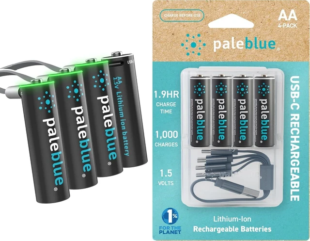 Main image of USB Rechargeable AA Batteries by Pale Blue, Lithium Ion 1.5v 1700 mAh, Charges Under 1 Hours, Over 1000 Cycles, 4-in-1 USB-A to USB-C Charging Cable, LED Charge Indicator, 4-Pack