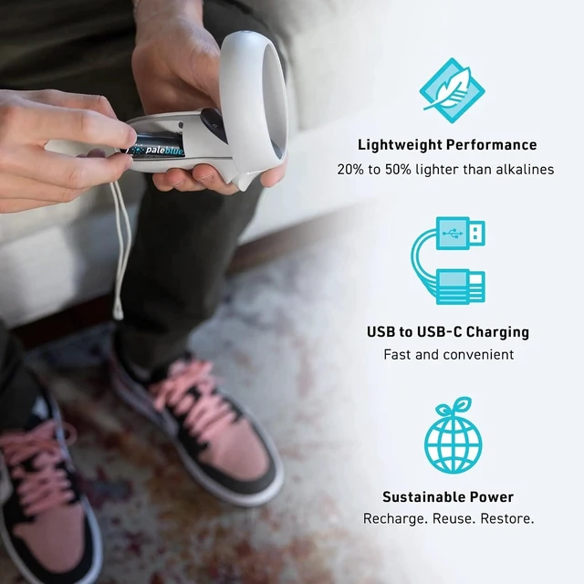 Alt view image 5 of 5 - USB Rechargeable AA Batteries by Pale Blue, Lithium Ion 1.5v 1700 mAh, Charges Under 1 Hours, Over 1000 Cycles, 4-in-1 USB-A to USB-C Charging Cable, LED Charge Indicator, 4-Pack