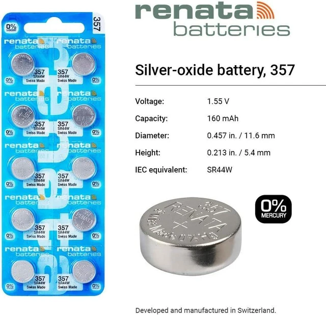 Alt view image 2 of 6 - Renata 357 SR44W Batteries - 1.55V Silver Oxide 357 Watch Battery (10 Count)