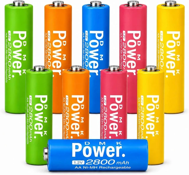 Main image of DMK POWER AA Rechargeable Batteries, 10 Pack, 2800mAh Ni-MH, 5 Colors