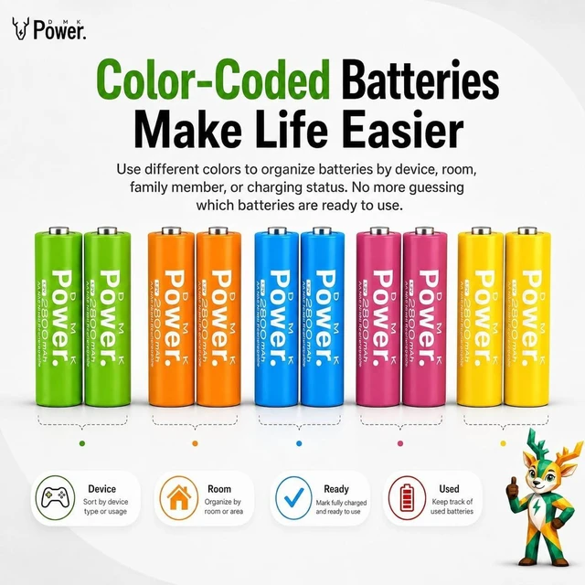 Alt view image 3 of 7 - DMK POWER AA Rechargeable Batteries, 10 Pack, 2800mAh Ni-MH, 5 Colors