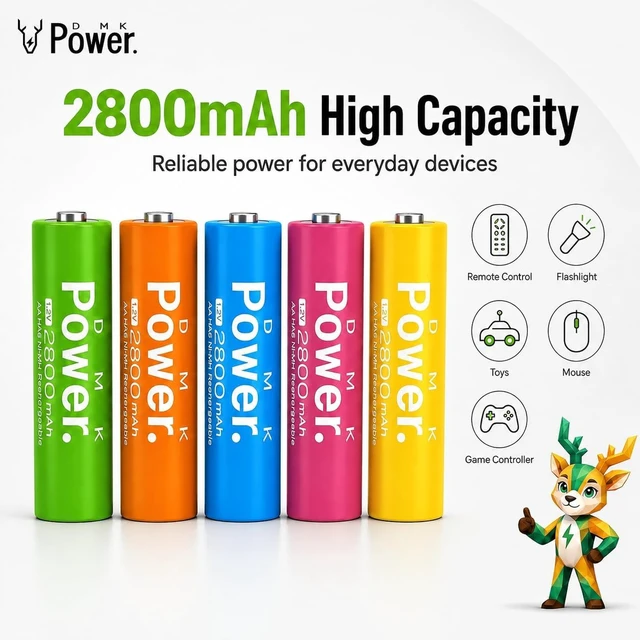 Alt view image 5 of 7 - DMK POWER AA Rechargeable Batteries, 10 Pack, 2800mAh Ni-MH, 5 Colors