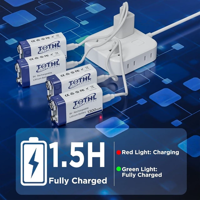 Alt view image 3 of 7 - 4-Packs 9V Rechargeable Batteries+Storage Box,1300mAh USB 9 Volt Lithium Batteries 2 in 1 Charging Cable Long Lasting 9 Volt Battery for Smoke Alarms, Multimeters, Microphones,Toys,Guitar