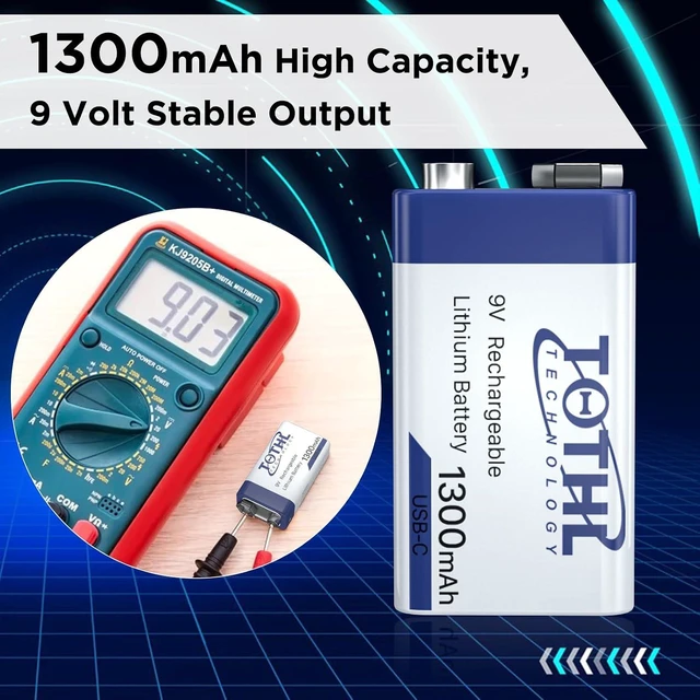 Alt view image 4 of 7 - 4-Packs 9V Rechargeable Batteries+Storage Box,1300mAh USB 9 Volt Lithium Batteries 2 in 1 Charging Cable Long Lasting 9 Volt Battery for Smoke Alarms, Multimeters, Microphones,Toys,Guitar
