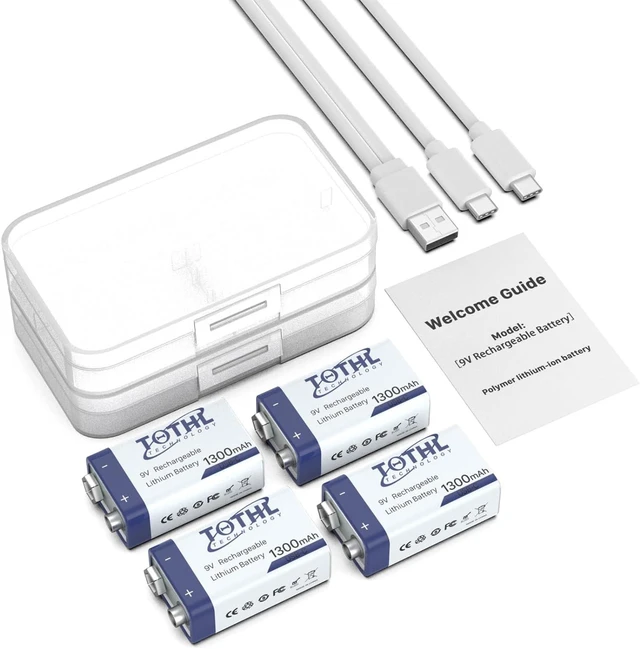 Alt view image 7 of 7 - 4-Packs 9V Rechargeable Batteries+Storage Box,1300mAh USB 9 Volt Lithium Batteries 2 in 1 Charging Cable Long Lasting 9 Volt Battery for Smoke Alarms, Multimeters, Microphones,Toys,Guitar