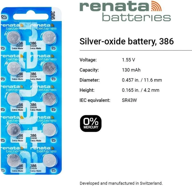 Alt view image 2 of 6 - Renata 386 SR43W Batteries - 1.55V Silver Oxide 386 Watch Battery (10 Count)