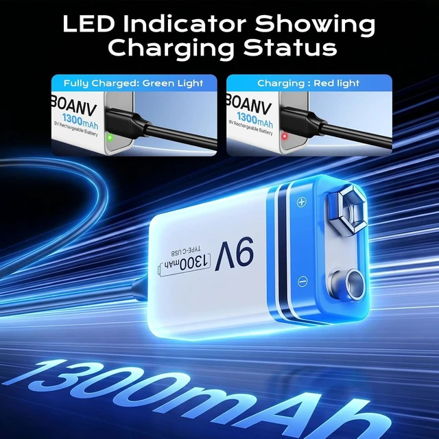 Alt view image 3 of 6 - 4PCS 1300mAh 9V Rechargeable Batteries with USB Fast Charging Cable