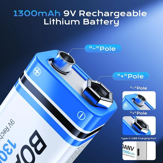 Alt view image 5 of 6 - 4PCS 1300mAh 9V Rechargeable Batteries with USB Fast Charging Cable