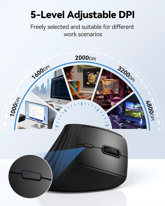 Alt view image 3 of 7 - TECKNET Ergonomic Wireless Bluetooth Mouse, Silent Rechargeable Vertical Mouse(BT 5.0/5.0+2.4G), 5-Level 4800 DPI, 200H Long Battery Life, Quiet Clicks, 2.4GHz with USB A Receiver, Wide Compatibility