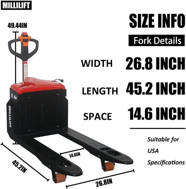 Alt view image 2 of 7 - Millilift Electric Pallet Jack, 3300LB Capacity, 45"x27" Forks