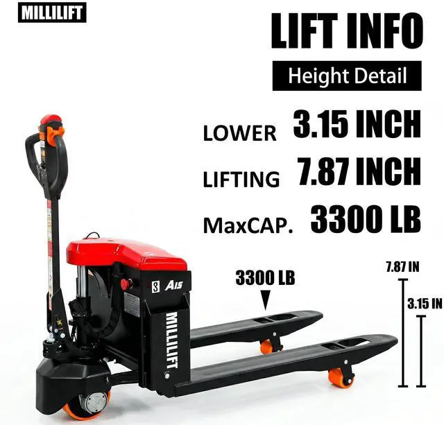 Alt view image 3 of 7 - Millilift Electric Pallet Jack, 3300LB Capacity, 45"x27" Forks