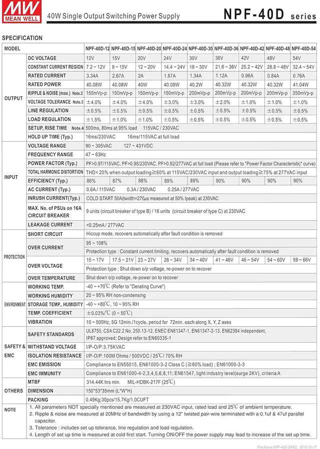 Alt view image 3 of 7 - MW Mean Well NPF-40D-15 15V 2.67A 40W Single Output Switching with PFC LED Power Supply