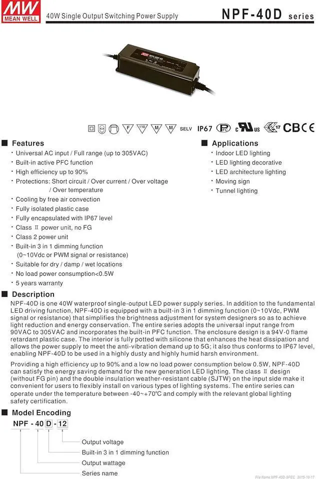 Alt view image 2 of 7 - MW Mean Well NPF-40D-15 15V 2.67A 40W Single Output Switching with PFC LED Power Supply