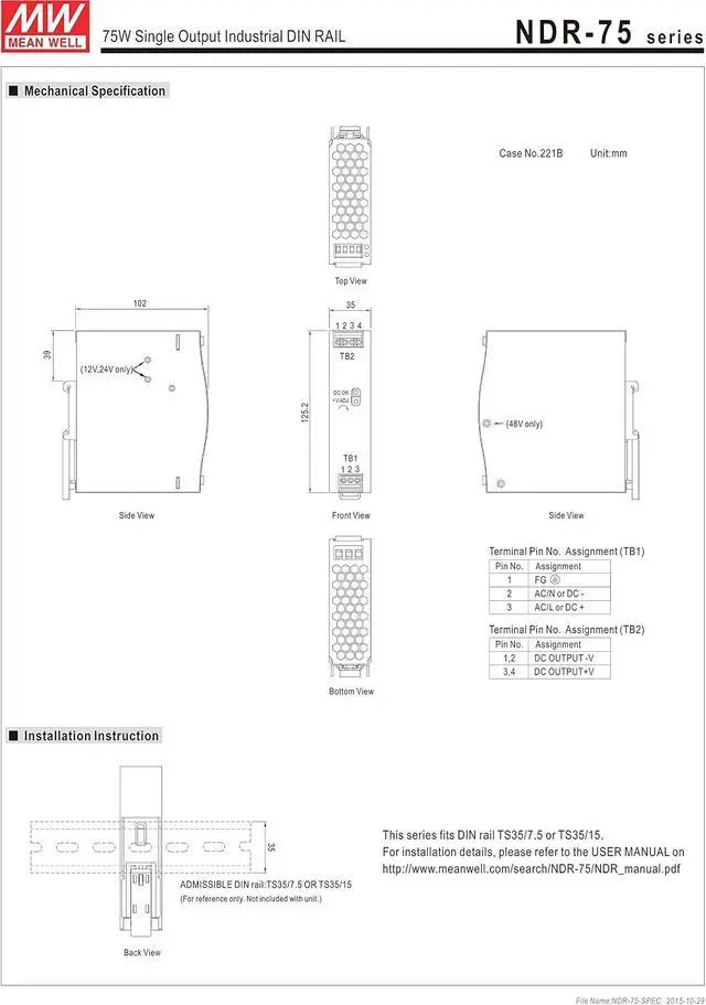 Alt view image 5 of 5 - MEAN WELL MW NDR-75-48 48V 1.6A DIN Rail Power Supplies