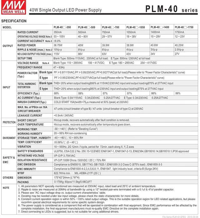 Alt view image 3 of 5 - MW Mean Well PLM-40-1750 23V 1750mA 40.25W Single Output LED Power Supply with PFC