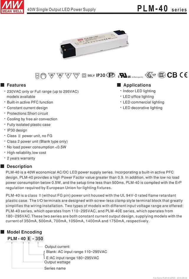 Alt view image 2 of 5 - MW Mean Well PLM-40-1750 23V 1750mA 40.25W Single Output LED Power Supply with PFC