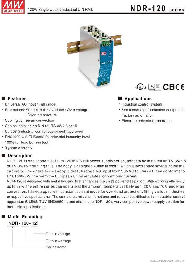 Alt view image 2 of 4 - MEAN WELL MW NDR-120-48 48V 2.5A DIN Rail Power Supplies