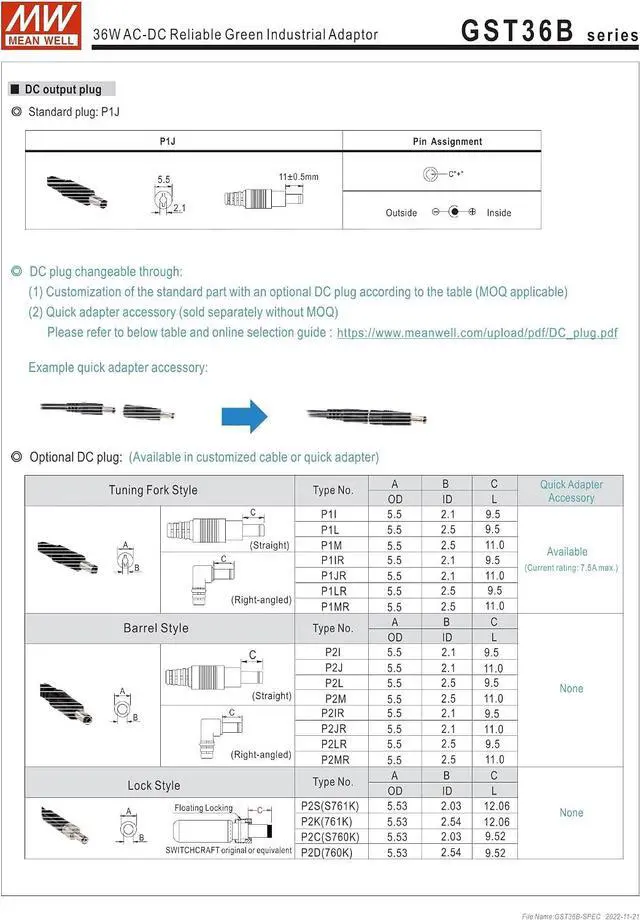 Alt view image 4 of 5 - Mean Well GST36B05-P1J 21.5W AC-DC Reliable Green Industrial Adaptor 5V/4.3A