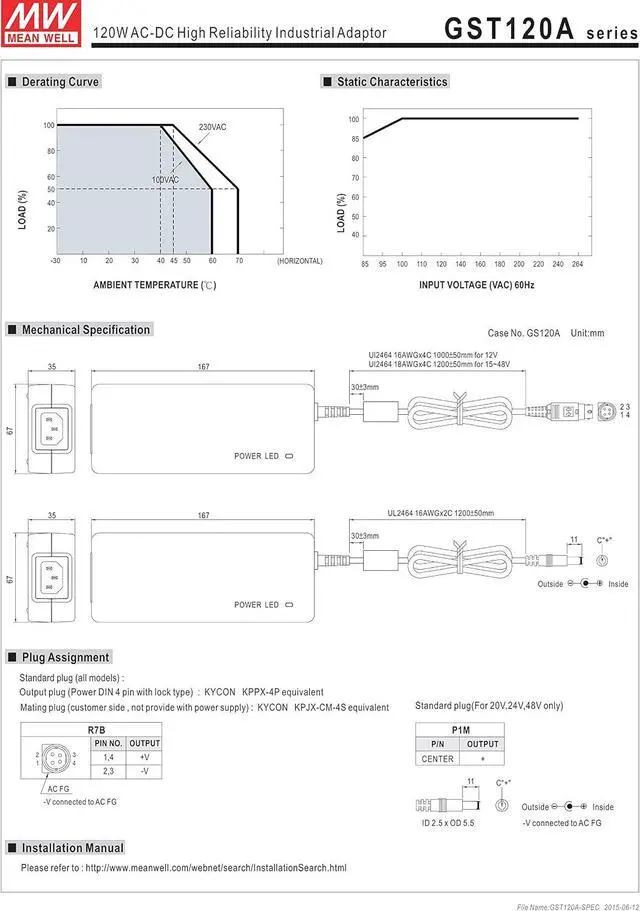 Alt view image 3 of 3 - MEAN WELL MW GST120A48-R7B 48V 2.5A AC/DC High Reliability Industrial Adaptor