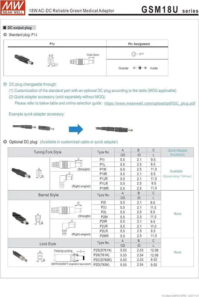 Alt view image 4 of 5 - Mean Well GSM18U12-P1J 18W AC-DC Reliable Green Medical Adaptor 12V/1.5A