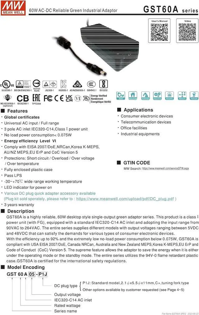 Alt view image 3 of 6 - MEAN WELL GST60A24-P1J 60W AC-DC Reliable Green Industrial Adaptor GST60A 24V 2.5A
