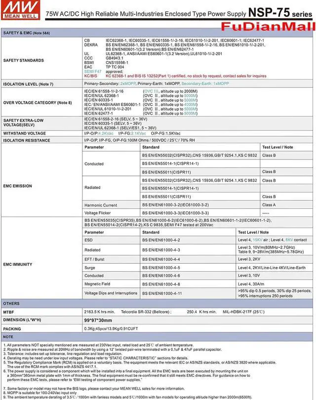 Alt view image 5 of 7 - Mean Well 75W AC/DC High Reliable Multi-Industries Enclosed Type SFX PSU Power Supply 12V 6.3A NSP-75-12