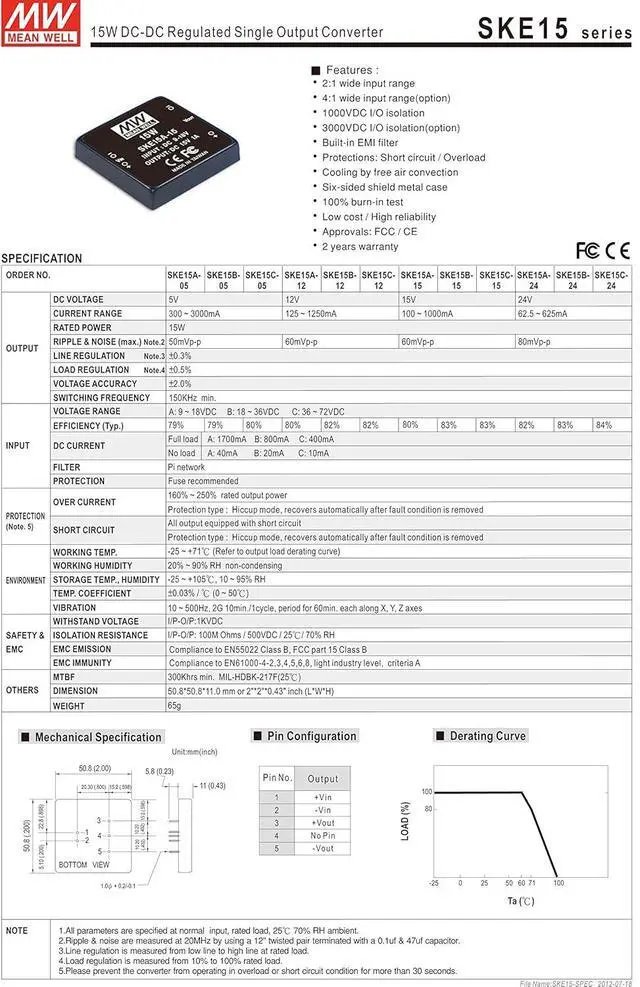 Alt view image 2 of 2 - MEAN WELL SKE15B-05 5V 300~3000mA 15W DC-DC Regulated Single Output Converter DC/DC Converter