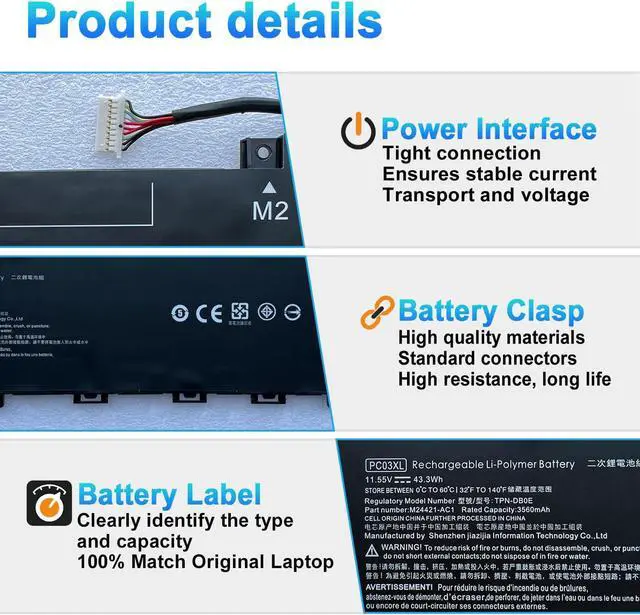 Alt view image 3 of 7 - PC03XL M24648-005 Laptop Battery for HP Pavilion x360 14 14-DY 14-BA 14-CD 14-dw 15 15-er Pavilion Aero 13-be Pavilion x360 Convertible 14-dy Series HSTNN-OB1W M24421-271 M24421-AC1 PC03043XL