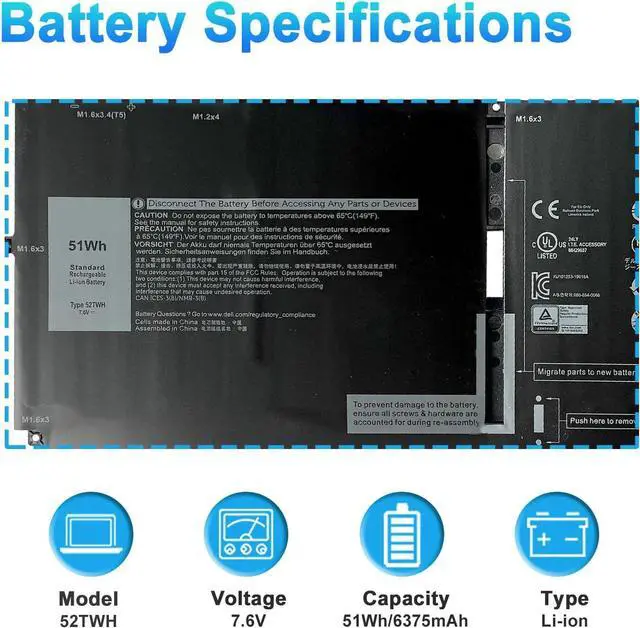 Alt view image 3 of 7 - 52TWH Laptop Battery Replacement for Dell XPS 13 7390 2-in-1 Series