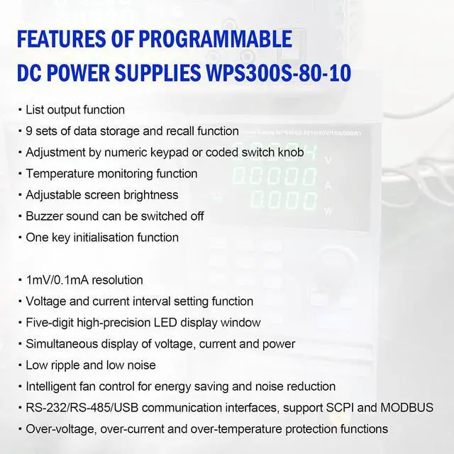 Alt view image 4 of 7 - MATRIX Wide Range Programmable DC Power Supply WPS300S-80-10, 80V 10A 300W Adjustable Power Supply with 1mV/0.1mA Resolution and USB, Bench Power Supply Variable with List Output and 9 Groups Storage