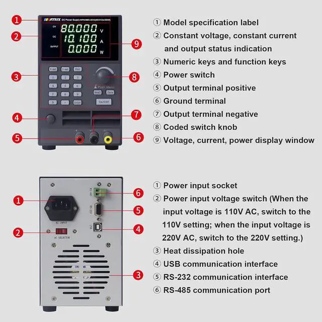 Alt view image 6 of 7 - MATRIX Wide Range Programmable DC Power Supply WPS300S-80-10, 80V 10A 300W Adjustable Power Supply with 1mV/0.1mA Resolution and USB, Bench Power Supply Variable with List Output and 9 Groups Storage