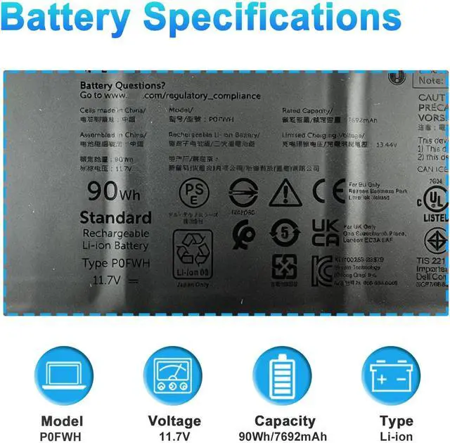 Alt view image 2 of 7 - 90Wh P0FWH Laptop Battery Replacement for Alienware m16 R2 Inspiron 16 Plus 7640 Inspiron 16 7640 2-in-1 Serie Notebook P0FWH POFWH 0M9DG0 HGJCY 1969N