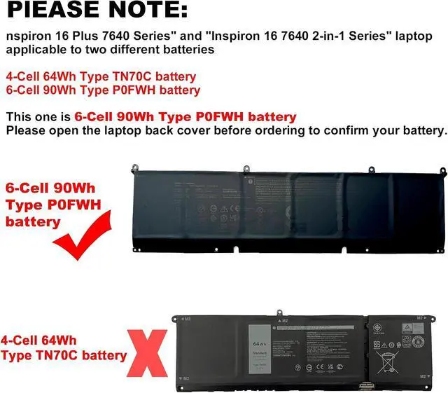 Alt view image 6 of 7 - 90Wh P0FWH Laptop Battery Replacement for Alienware m16 R2 Inspiron 16 Plus 7640 Inspiron 16 7640 2-in-1 Serie Notebook P0FWH POFWH 0M9DG0 HGJCY 1969N