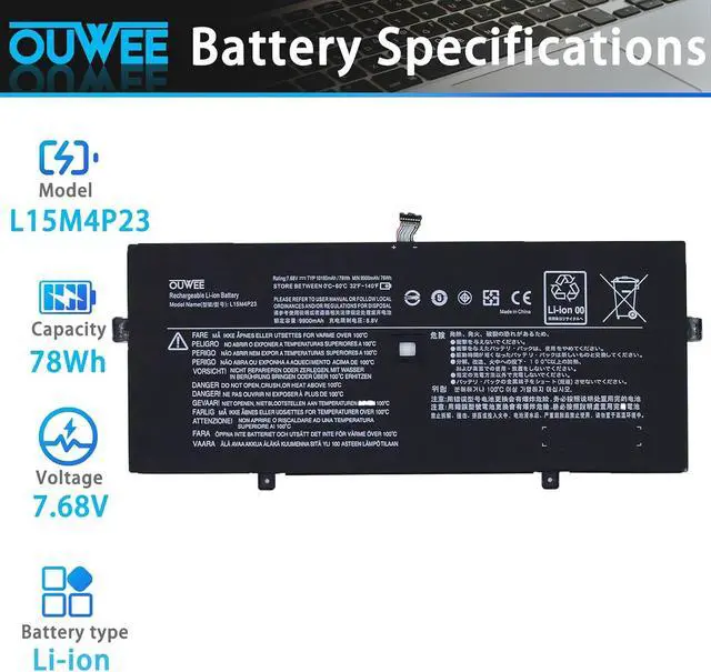 Alt view image 2 of 5 - L15M4P23 Laptop Battery Compatible with Lenovo Yoga 5 Pro Ideapad Yoga 910-13IKB Glass Yoga 910-13IKB Series L15M4P21 L15C4P22 L15C4P21 5B10L46105 5B10L22508 2ICP4/56/130-2 7.68V 78Wh 10160mAh