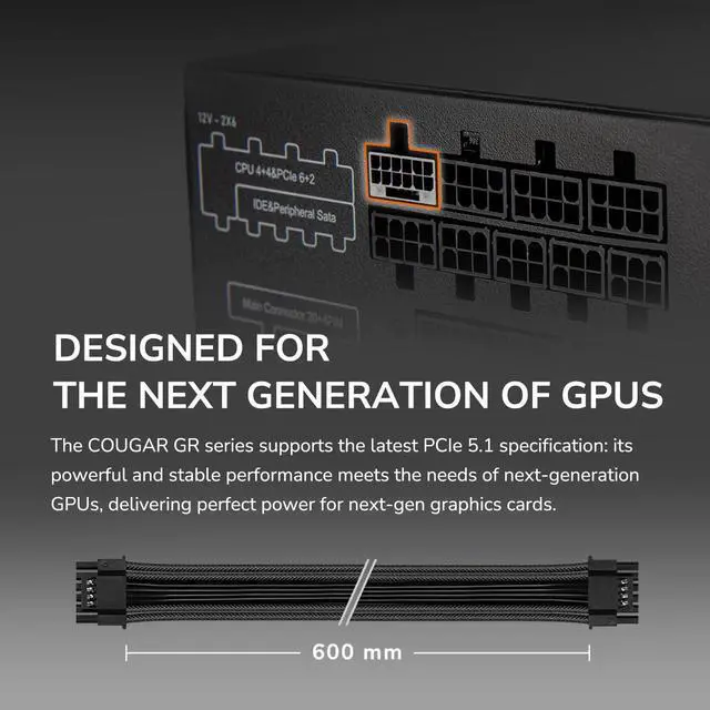 Alt view image 5 of 7 - COUGAR GR750W Power Supply - 80 Plus Gold, ATX 3.1 & PCIe 5.1 Ready | 80 Plus Gold, ATX 3.1 & PCIe 5.1 Ready, Japanese Main Capacitors, Native 12V-2x6 Cable, Full Modular, 10 Year Warranty